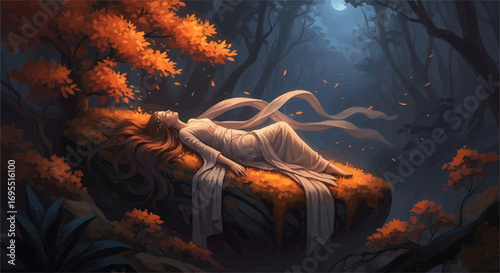 Illustration Vector SVG Design of Woman Sleeping in Autumn Forest with Orange Leaves in Detailed Style