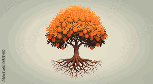 Illustration Vector SVG of Orange Tree with Roots and Fruits Flat Design