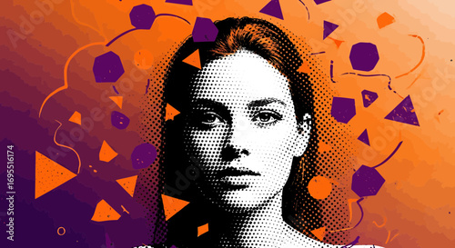Vector SVG Illustration with Halftone Woman Portrait and Geometric Shapes in Orange and Purple Modern Design
