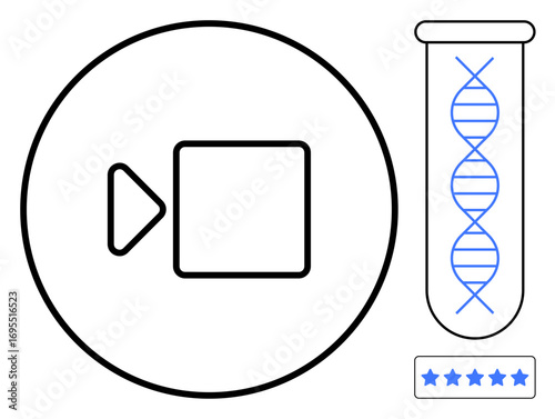 Video play icon, test tube with DNA helix, and five-star rating suggest science, innovation, media, and quality. Ideal for genetics, technology, education biotechnology digital communication media