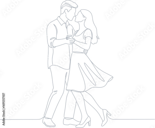 Line art illustration of a couple dancing closely, facing each other in a romantic pose.