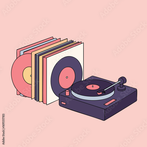 Illustration of a record player with vinyl records on a pink background.