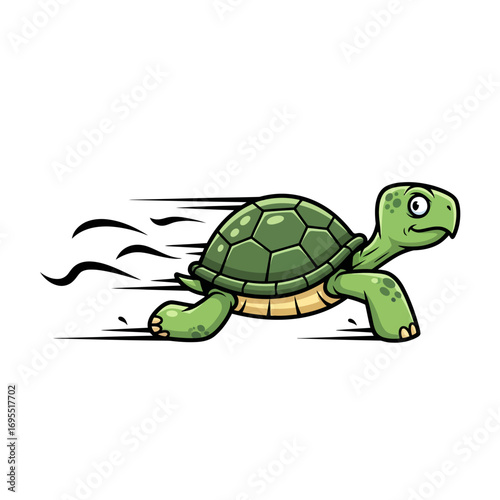 A cartoon green turtle with a determined expression is depicted running at high speed, leaving motion lines behind it.