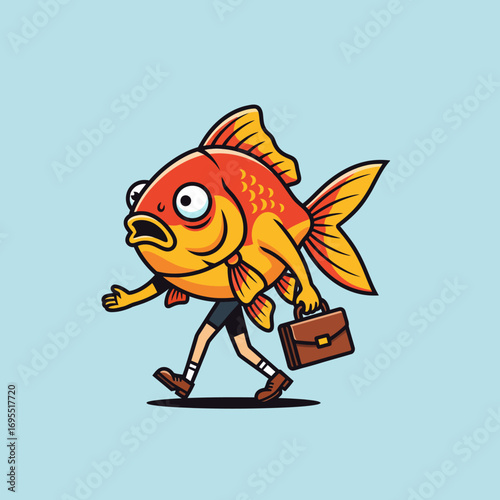 Cartoon fish with human legs walking with a briefcase.