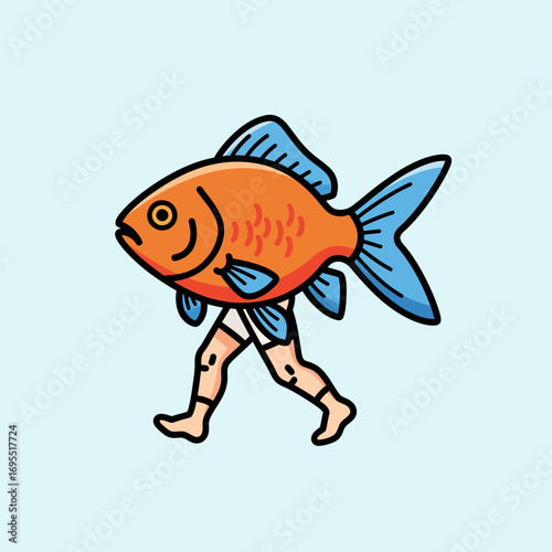 Orange fish with human legs walking, cartoon style illustration.