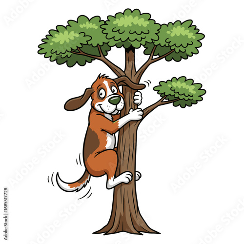 A cartoon dog with brown and white fur is climbing up a tree with green leaves.