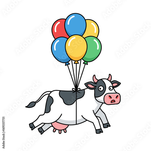 A cartoon cow is flying with colorful balloons.