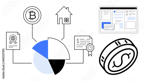 Pie chart connecting bitcoin, real estate, and certificates. Coin and digital dashboard imply finance insights. Ideal for investment, blockchain, wealth management, portfolio, fintech budgeting