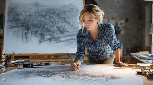 Wallpaper Mural Focused young woman artist creating charcoal drawing on large paper in her studio with natural light coming through window Torontodigital.ca