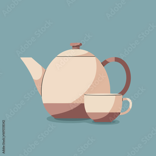 A minimalist flat illustration of a beige teapot and a matching teacup on a muted blue background.
