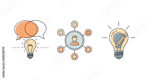 Vector illustration of set of three icons representing ideas, communication, and networking