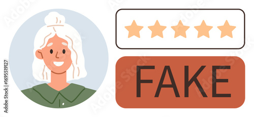 Smiling woman framed in a circle, five-star rating with FAKE label. Ideal for online trust, reviews, fraud, customer feedback, dishonesty awareness, e-commerce and rating reliability. Simple flat