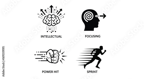 Vector illustration of set of four icons depicting mental and physical attributes intellectual, focusing, power hit, and sprint