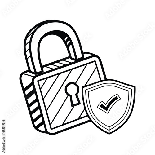 Hand drawn sketch of a locked padlock next to a shield with a checkmark indicating security and protection concept