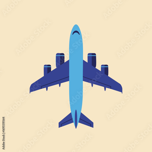 Top-down view of a blue airplane with four engines against a plain background.