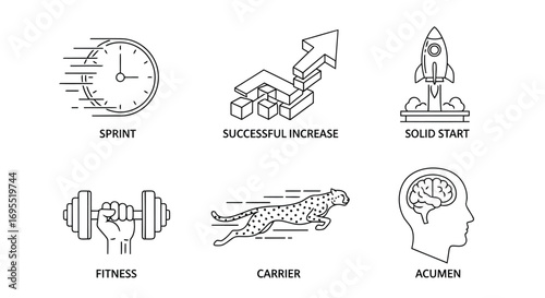Vector illustration of set of six business concept icons including sprint, successful increase, solid start, fitness, carrier, and acumen