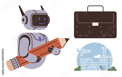 Robot carrying pencil reflects creativity and technology. Briefcase represents business and travel. Airport terminal with airplane adds travel and global connection. Ideal for innovation, work