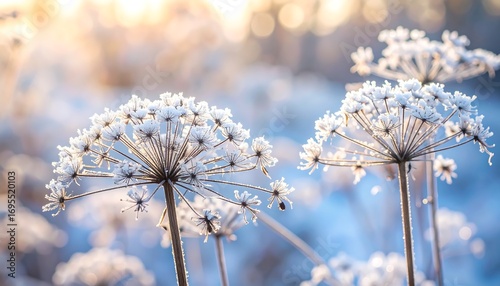 Frozen winter plants in soft sunlight