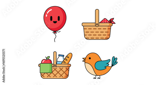 Vector illustration of collection of four cartoonstyle icons including a red balloon, a picnic basket, another picnic basket with food, and a bird