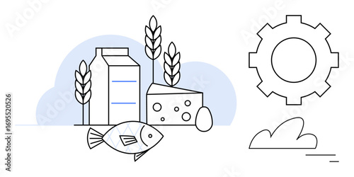 Milk carton, fish, cheese, egg, and wheat with cloud and gear icon symbolizing agriculture, nutrition, and technology. Ideal for sustainability, diet planning data tracking farm management