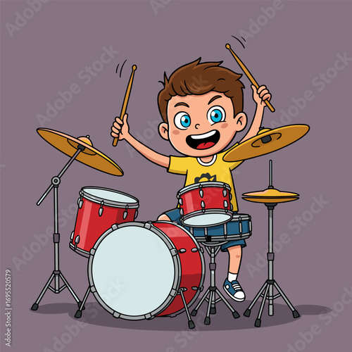 Cartoon child with short brown hair energetically playing a drum set, wearing a yellow t-shirt, blue shorts, and blue sneakers, with arms raised and a big smile on a purple background.