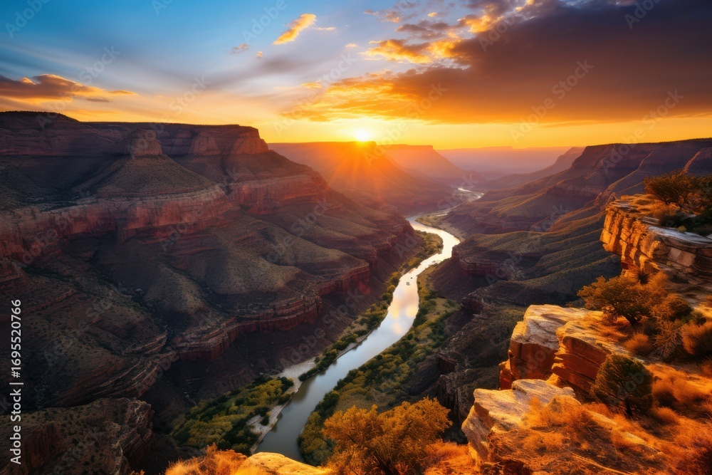 Fototapeta premium Majestic canyon river bathed in golden hour sunlight sunset