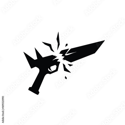 Black and white illustration of a broken sword, depicting damage and destruction.