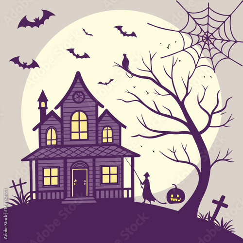 Spooky Halloween Black Cat Silhouette with Full Moon Vector Art