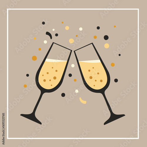 Two champagne glasses toasting with confetti on a beige background.