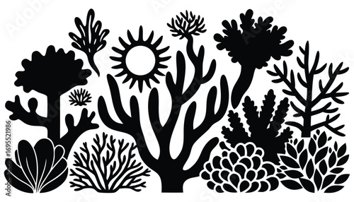 Black Coral Silhouette Vector Set with Decorative Seaweed and Ocean Plants