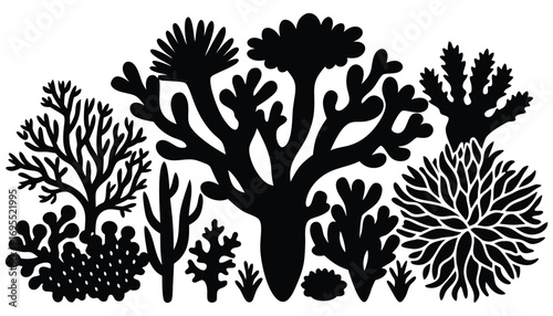 Black Coral Silhouette Vector Set with Decorative Seaweed and Ocean Plants