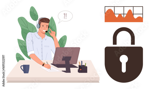 Male support agent at desk with headset, computer, lock icon, chart, plants. Ideal for customer service, data analysis, cybersecurity, communication privacy awareness business security teamwork
