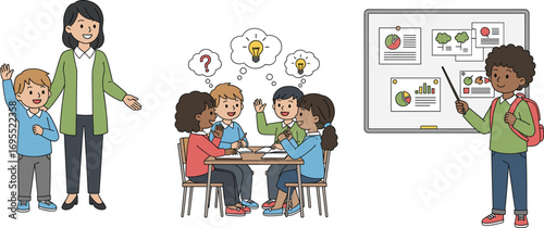 School classroom with teacher, children group study, student presentation, teamwork learning, kids discussion, education concept, brainstorming ideas, studying together illustration