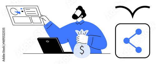 Man reviewing charts on a screen while holding a money bag beside a laptop, complemented by a network-sharing symbol. Ideal for finance, investment, technology, analytics, marketing, networking