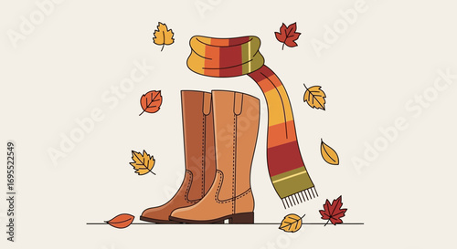 Autumn Fashion Illustration with Warm Boots Striped Scarf and Falling Leaves