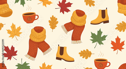 Cozy Autumn Seamless Pattern with Knitted Scarves Boots Hot Coffee and Leaves