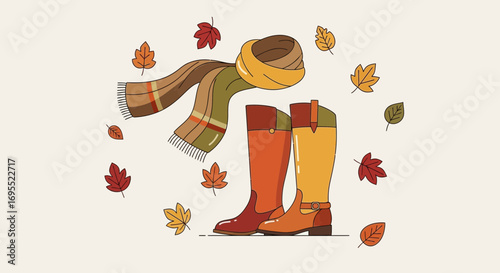 Colorful Autumn Fashion Illustration with Warm Boots Scarf and Fall Leaves