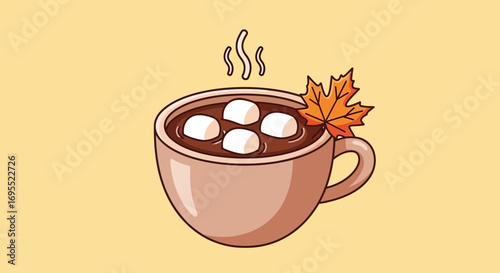 Hot Chocolate Mug with Marshmallows and Autumn Leaf Garnish Illustration