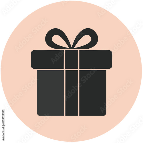 A simple illustration of a gift box with a bow, set against a soft peach-colored circle.
