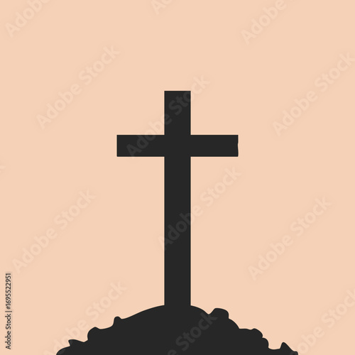 Silhouette of a cross on a hill against a light brown background.