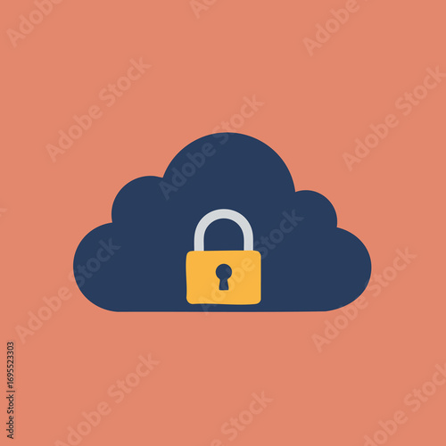 Cloud security: a dark blue cloud with a golden padlock in front.
