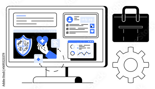 Computer screen displaying digital health insurance tools, data charts, and user profiles. Includes medical shield, heart, briefcase, and gear. Ideal for healthcare, analytics business finance