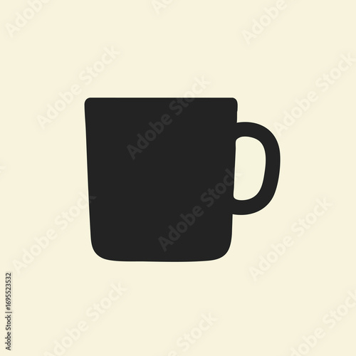 A minimalist flat design illustration of a solid black coffee mug with a handle on a light beige background.