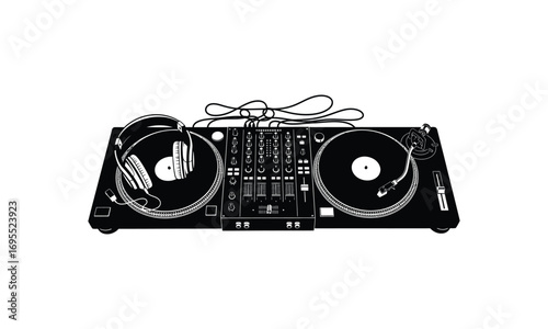 Black and white vector illustration of a DJ setup with two turntables, a mixer, and headphones on a plain white background.