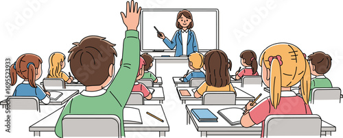 Students in classroom, children raising hands, teacher explaining lesson, school learning environment, education study, classroom interaction, academic teaching, kids studying, knowledge sharing