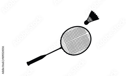 A black and white illustration of a badminton racket and shuttlecock in mid-air, suggesting a game in progress.
