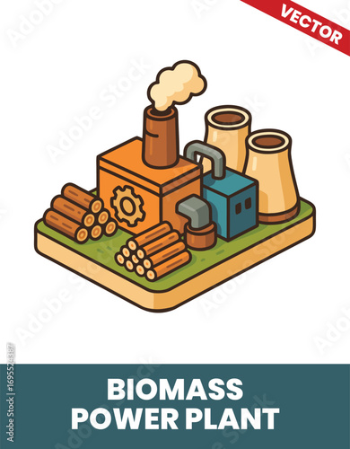 Biomass power plant isometric 3d illustration Comprehensive Layout of a Sustainable Power Plant Utilizing Biomass Energy, Featuring Green Technology and Carbon-Free System