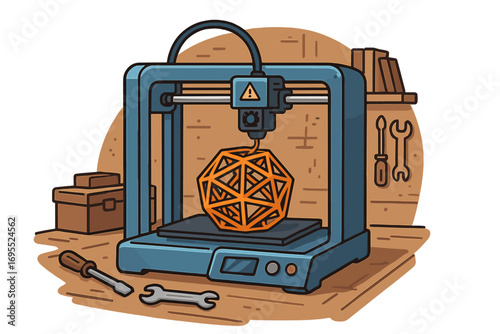 3D printer creating a geometric shape. Additive manufacturing technology. Prototyping and engineering in a workshop setting. Vector cartoon illustration of a rapid prototype concept.