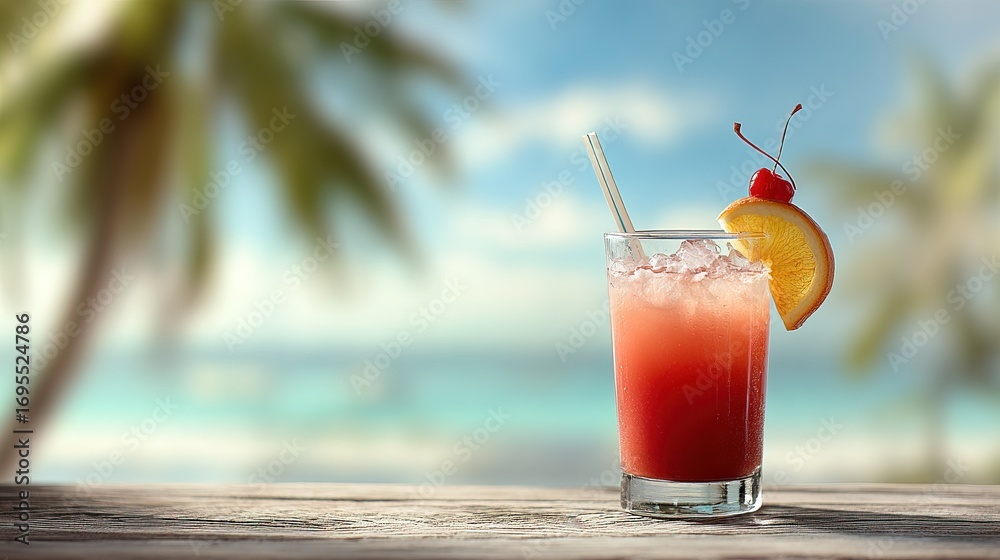 Obraz premium A refreshing cocktail sits on a wooden table, with palm trees in the background and a beautiful beach view, perfect for a tropical getaway.