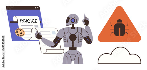 Humanoid robot analyzing invoices, identifying bugs in cloud systems. Ideal for automation, cybersecurity, error detection, invoice management, artificial intelligence, cloud computing, technology